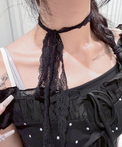 Never mind the XU / Chikashitsu+(ネバーマインド ザ エックスユー / チカシツプラス)の「【nmtc+】Dot Lace Ribbon Blouse / 【エヌエムティーシープラス】ドットレースフリルリボンブラウス(シャツ/ブラウス・レディース・ブラック/アイボリー・ONE SIZE)」の8枚目の写真