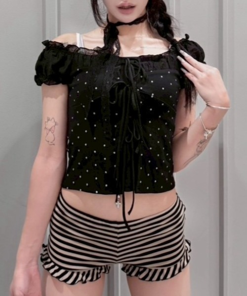 Never mind the XU / Chikashitsu+(ネバーマインド ザ エックスユー / チカシツプラス)の「【nmtc+】Dot Lace Ribbon Blouse / 【エヌエムティーシープラス】ドットレースフリルリボンブラウス(シャツ/ブラウス・レディース・ブラック/アイボリー・ONE SIZE)」の22枚目の写真