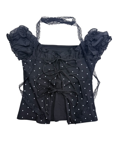 Never mind the XU / Chikashitsu+(ネバーマインド ザ エックスユー / チカシツプラス)の「【nmtc+】Dot Lace Ribbon Blouse / 【エヌエムティーシープラス】ドットレースフリルリボンブラウス(シャツ/ブラウス・レディース・ブラック/アイボリー・ONE SIZE)」の11枚目の写真