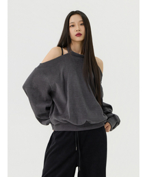 カットアウトホルターネックスウェットロングTシャツ、チャコール