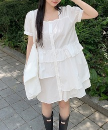 クルーネック アシンメトリー シャツワンピース