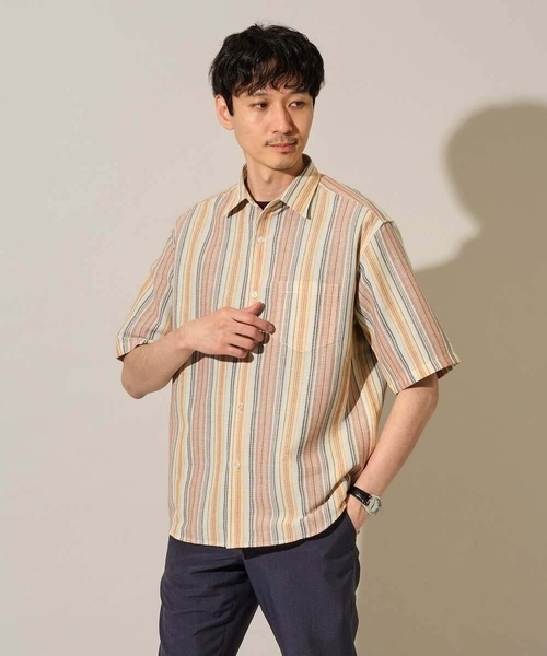 a.v.v（アーヴェヴェ）の「【洗濯機で洗える】カラーストライプワイドシルエットシャツ（シャツ/ブラウス・メンズ・ダークインディゴブルー/オレンジ・46/48）」の9枚目の写真