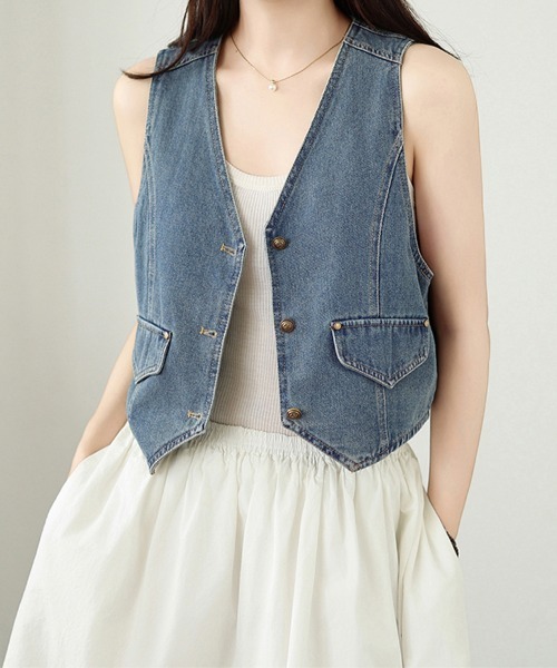 ONEP STAR(ワンピスター)の「デニムVネックベスト(ベスト・レディース・ブルー・MEDIUM/LARGE/X-LARGE)」の1枚目の写真