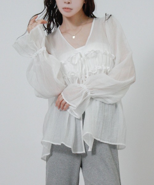 NYLAUS(ナイラス)の「【SG】フロントリボン フリルシアーシャツ シアーカーディガン 長袖(シャツ/ブラウス・レディース・ブラック/オフホワイト/ピンク・M)」の5枚目の写真