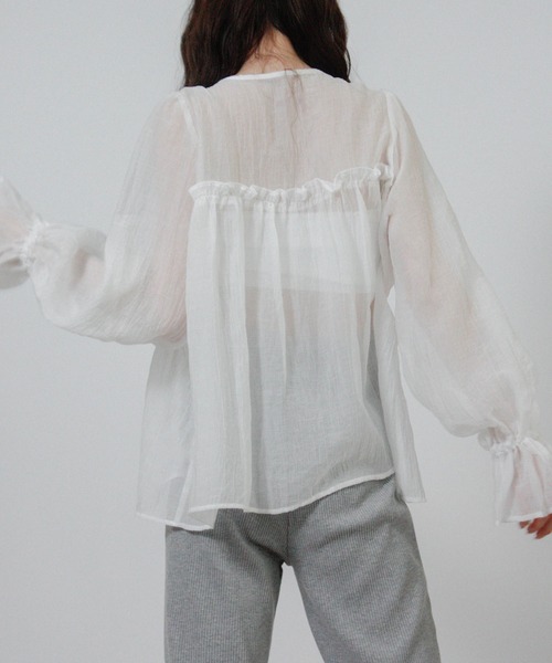 NYLAUS(ナイラス)の「【SG】フロントリボン フリルシアーシャツ シアーカーディガン 長袖(シャツ/ブラウス・レディース・ブラック/オフホワイト/ピンク・M)」の8枚目の写真