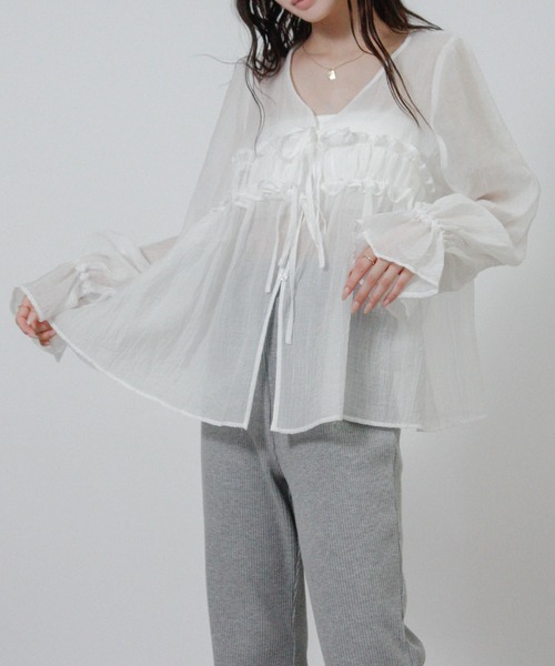 NYLAUS(ナイラス)の「【SG】フロントリボン フリルシアーシャツ シアーカーディガン 長袖(シャツ/ブラウス・レディース・ブラック/オフホワイト/ピンク・M)」の10枚目の写真