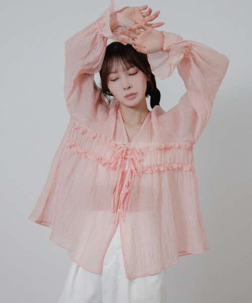 NYLAUS(ナイラス)の「【SG】フロントリボン フリルシアーシャツ シアーカーディガン 長袖(シャツ/ブラウス・レディース・ブラック/オフホワイト/ピンク・M)」の15枚目の写真