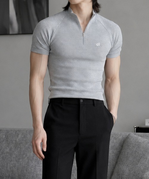 Otte(オッテ)の「ワンポイントハーフジップトップス(Tシャツ/カットソー・メンズ・グレー/ブラック・MEDIUM/LARGE)」の3枚目の写真