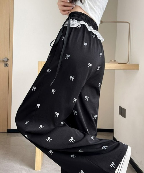 SEU(エスイーユー)の「上品見え! ワイドイージーパンツ ウエストレース リボン総柄イージーパンツ レディース韓国風(その他パンツ・レディース・ブラック/アイボリー・フリー)」の12枚目の写真