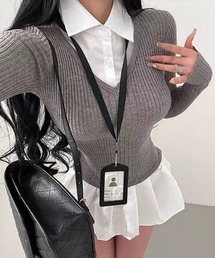 【秋冬新作】2色展開フェイクレイヤードショート丈リブニット風トップス