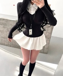 【秋冬新作】2色展開フェイクレイヤードショート丈リブニット風トップス