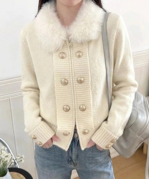 yuue' ( wear )(ユーイ)の「ファー付きダブルジップナポレオンカーディガン(カーディガン/ボレロ・レディース・ブラック/グレー/アイボリー・FREE)」の1枚目の写真