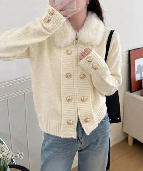 yuue' ( wear )(ユーイ)の「ファー付きダブルジップナポレオンカーディガン(カーディガン/ボレロ・レディース・ブラック/グレー/アイボリー・FREE)」の6枚目の写真