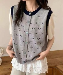 【秋冬新作】3色展開小柄刺繍 配色フリルニットベスト