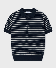 Stripe Short Sleeve Polo Knit - Navy