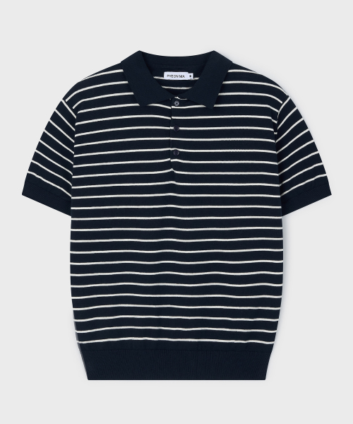 PYEON MA(ピョンマ)の「Stripe Short Sleeve Polo Knit - Navy(ニット/セーター・メンズ・その他・MEDIUM/LARGE/X-LARGE)」の1枚目の写真