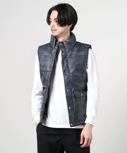 総柄PUスタンド中綿ベスト 総柄PUスタンド中綿ベスト