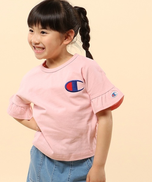 Champion(チャンピオン)の「【Champion】フレアスリーブ刺繍Tシャツ(Tシャツ/カットソー・キッズ・グレー/ピンク/ブラック/ホワイト/ホワイト×ブラック・140/100/120/110/130)」の5枚目の写真