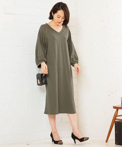 KOBE LETTUCE（コウベレタス）の「ボリュームスリーブVネックカットソーワンピース＊レディース/ロング丈[E1925]神戸レタス（ワンピース・レディース・ブラック/グレー/カーキ・FREE）」の3枚目の写真