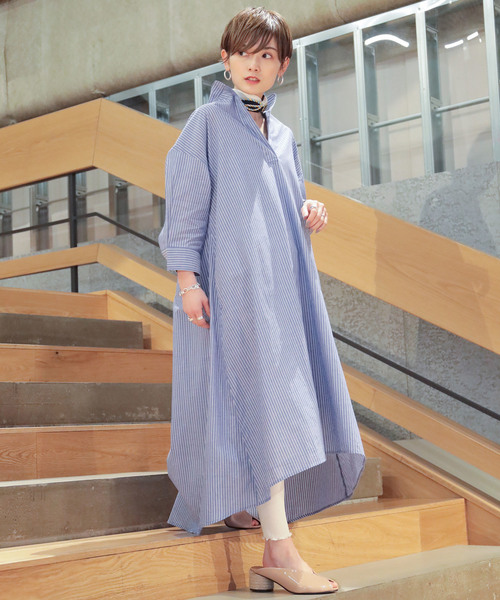 koe(コエ)の「バンドカラーフレアワンピース ○(ワンピース)」|ストライプ