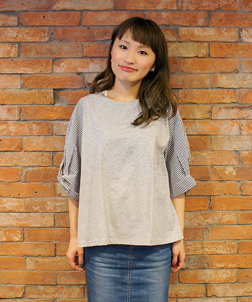 CIAOPANIC（チャオパニック）の「【Ciaopanic】袖ストライプBL（Tシャツ/カットソー・レディース・グレー/ホワイト・FREE）」の2枚目の写真