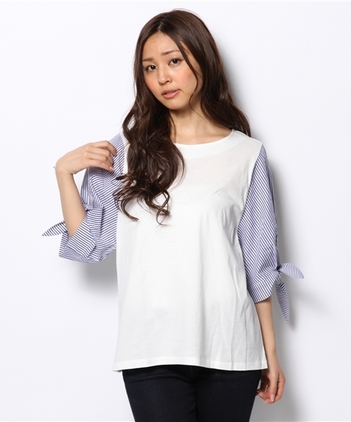 CIAOPANIC（チャオパニック）の「【Ciaopanic】袖ストライプBL（Tシャツ/カットソー・レディース・グレー/ホワイト・FREE）」の3枚目の写真