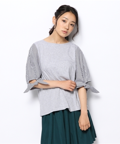CIAOPANIC（チャオパニック）の「【Ciaopanic】袖ストライプBL（Tシャツ/カットソー・レディース・グレー/ホワイト・FREE）」の4枚目の写真