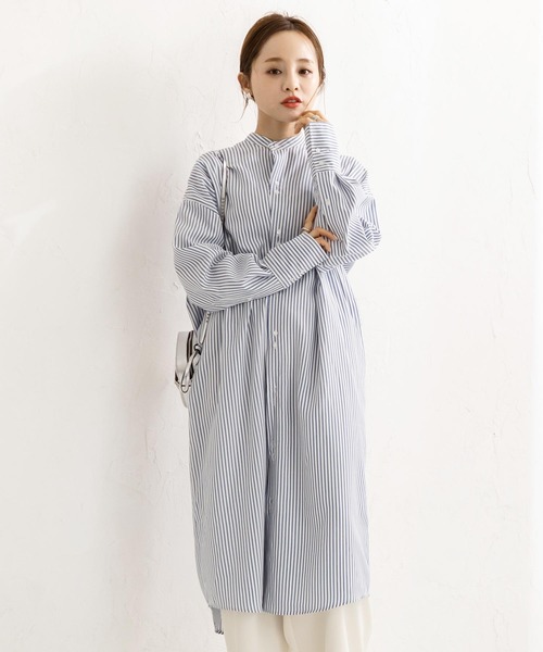 KOBE LETTUCE（コウベレタス）の「【WEARISTA田中亜希子さん×KOBE LETTUCEコラボ】ハイネックバックベルトシャツワンピース（シャツワンピース・レディース・ブラック/ベージュ/オフホワイト/ストライプ・FREE）」の5枚目の写真