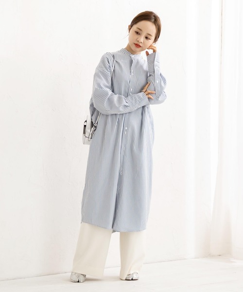 KOBE LETTUCE（コウベレタス）の「【WEARISTA田中亜希子さん×KOBE LETTUCEコラボ】ハイネックバックベルトシャツワンピース（シャツワンピース・レディース・ブラック/ベージュ/オフホワイト/ストライプ・FREE）」の8枚目の写真