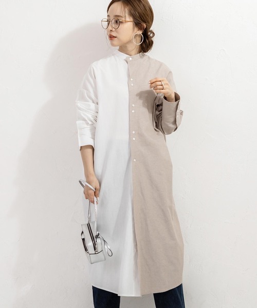 KOBE LETTUCE（コウベレタス）の「【WEARISTA田中亜希子さん×KOBE LETTUCEコラボ】ハイネックバックベルトシャツワンピース（シャツワンピース・レディース・ブラック/ベージュ/オフホワイト/ストライプ・FREE）」の6枚目の写真