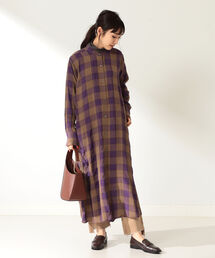 Demi-Luxe BEAMS | TICCA / チェック レーヨン ノーカラーフレアワンピース(ワンピース)
