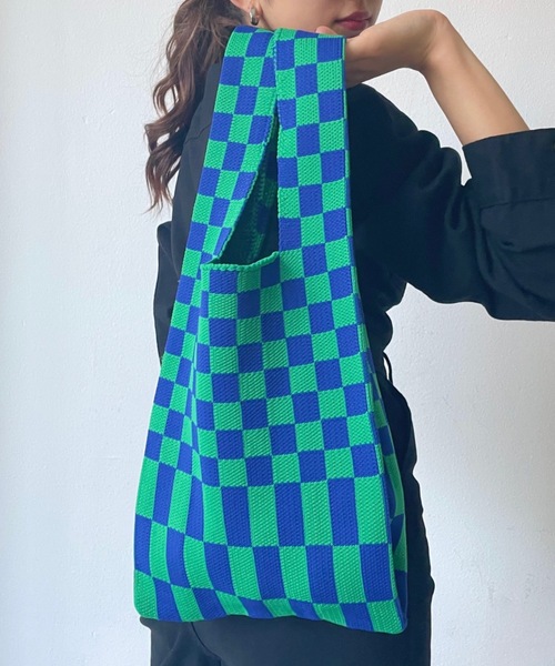 SHAGGIE（シャギー）の「ニットチェッカートートバッグ（トートバッグ・レディース・ブラック/ブルー/グリーン・FREE）」の3枚目の写真
