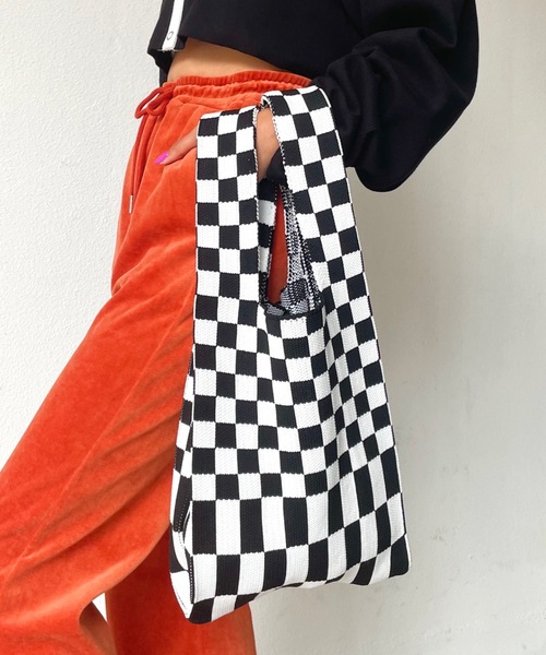 SHAGGIE（シャギー）の「ニットチェッカートートバッグ（トートバッグ・レディース・ブラック/ブルー/グリーン・FREE）」の2枚目の写真