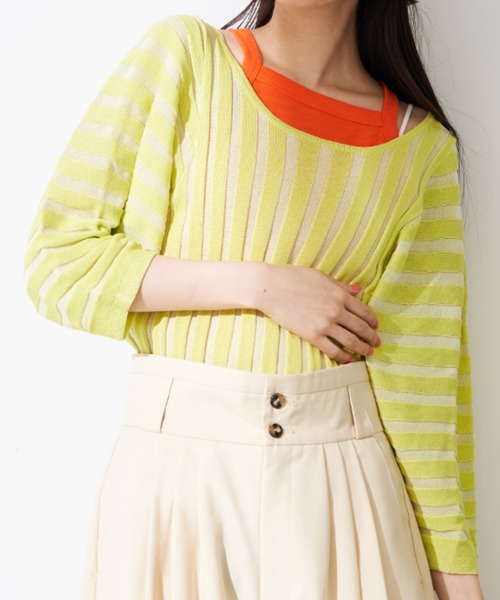 Solace（ソレイス）の「ランタンスリーブニュアンスシアーストライプトップス（Tシャツ/カットソー・レディース・ベージュ/イエロー/ブルー・FREE）」の3枚目の写真
