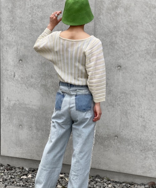 Solace（ソレイス）の「ランタンスリーブニュアンスシアーストライプトップス（Tシャツ/カットソー・レディース・ベージュ/イエロー/ブルー・FREE）」の6枚目の写真