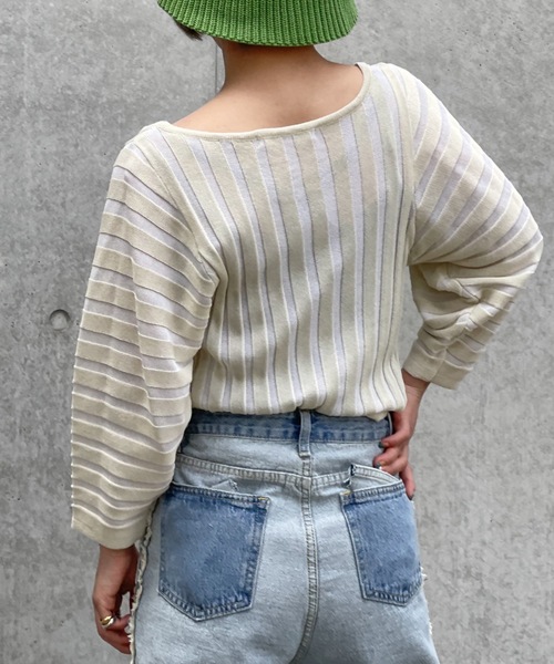 Solace（ソレイス）の「ランタンスリーブニュアンスシアーストライプトップス（Tシャツ/カットソー・レディース・ベージュ/イエロー/ブルー・FREE）」の9枚目の写真