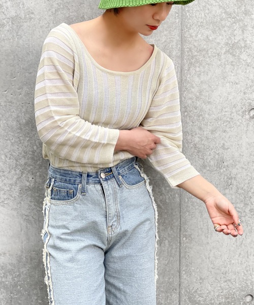 Solace（ソレイス）の「ランタンスリーブニュアンスシアーストライプトップス（Tシャツ/カットソー・レディース・ベージュ/イエロー/ブルー・FREE）」の7枚目の写真