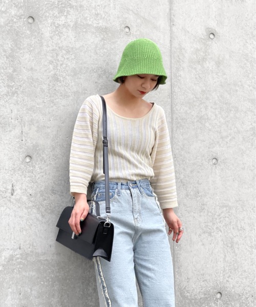 Solace（ソレイス）の「ランタンスリーブニュアンスシアーストライプトップス（Tシャツ/カットソー・レディース・ベージュ/イエロー/ブルー・FREE）」の5枚目の写真