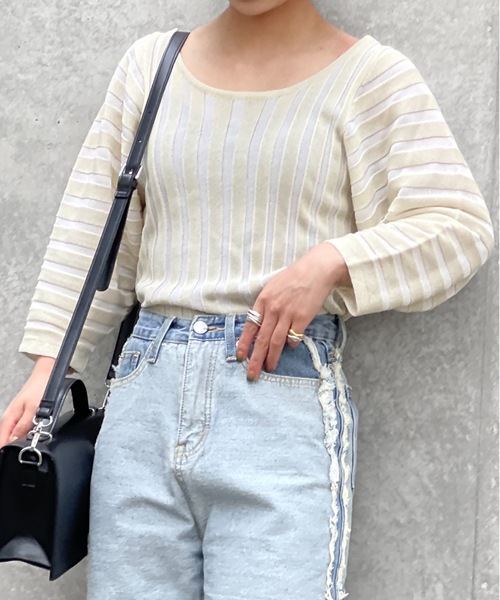 Solace（ソレイス）の「ランタンスリーブニュアンスシアーストライプトップス（Tシャツ/カットソー・レディース・ベージュ/イエロー/ブルー・FREE）」の10枚目の写真