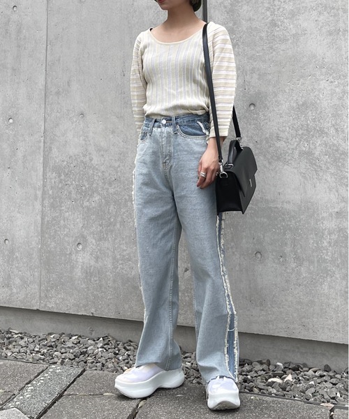 Solace（ソレイス）の「ランタンスリーブニュアンスシアーストライプトップス（Tシャツ/カットソー・レディース・ベージュ/イエロー/ブルー・FREE）」の13枚目の写真