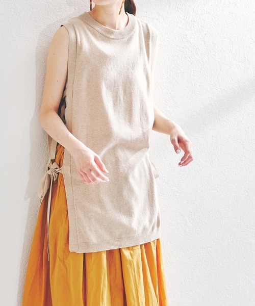 acro（アクロ）の「サイドリボンオープンニットロングベスト/AC1407（ベスト・レディース・ホワイト/ベージュ/グレー/ブルー・ﾌﾘ-）」の3枚目の写真