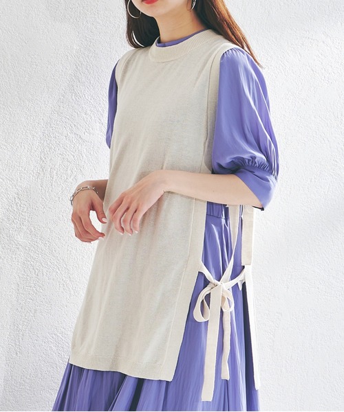 acro（アクロ）の「サイドリボンオープンニットロングベスト/AC1407（ベスト・レディース・ホワイト/ベージュ/グレー/ブルー・ﾌﾘ-）」の2枚目の写真