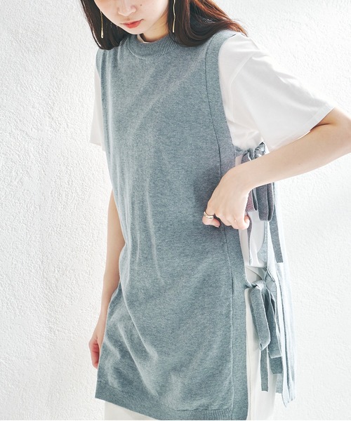 acro（アクロ）の「サイドリボンオープンニットロングベスト/AC1407（ベスト・レディース・ホワイト/ベージュ/グレー/ブルー・ﾌﾘ-）」の4枚目の写真