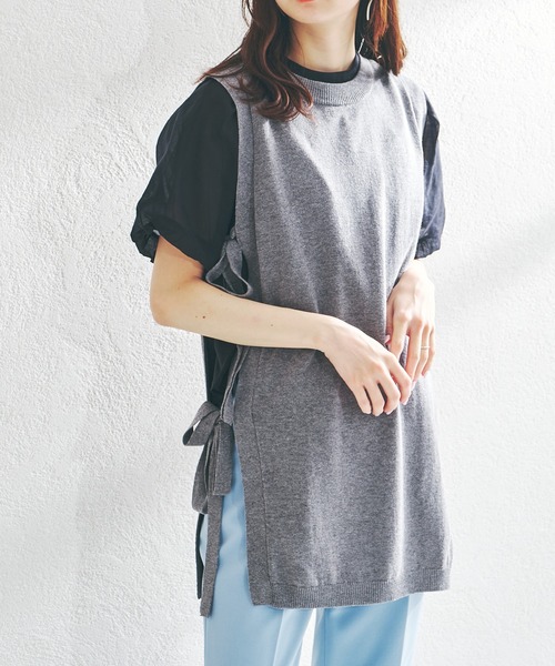 acro（アクロ）の「サイドリボンオープンニットロングベスト/AC1407（ベスト・レディース・ホワイト/ベージュ/グレー/ブルー・ﾌﾘ-）」の6枚目の写真