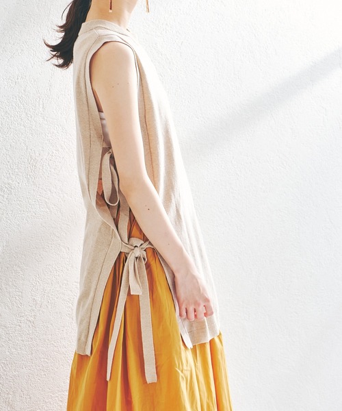 acro（アクロ）の「サイドリボンオープンニットロングベスト/AC1407（ベスト・レディース・ホワイト/ベージュ/グレー/ブルー・ﾌﾘ-）」の10枚目の写真