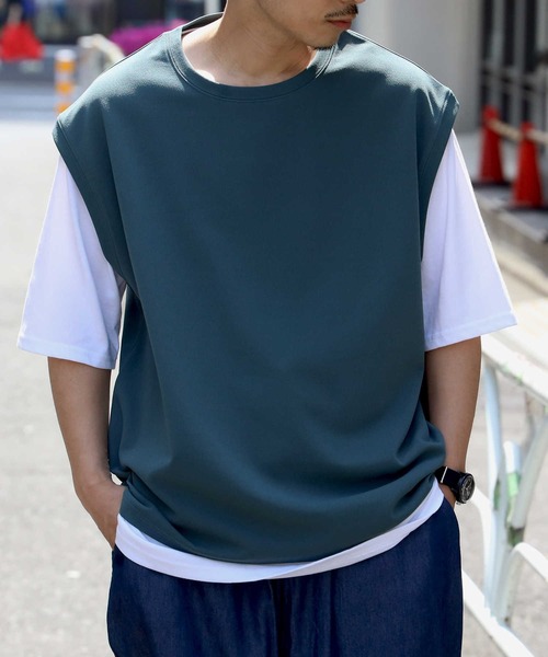 BACK NUMBER(バックナンバー)の「これだけでコーデ完成、ベストとTシャツ2点セット【BACK NUMBER】半袖ベストレイヤード(アンサンブル・メンズ・オフホワイト/ブルー/グリーン・M/L/XL)」の18枚目の写真