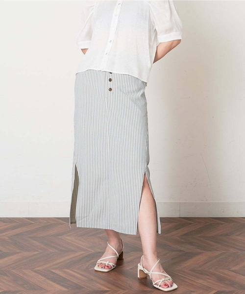 A de a.v.v（アードアー・ヴェ・ヴェ）の「［SET UP対応］ストライプサイドスリットナロースカート（スカート・レディース・ライトグレー/ピンク・38/36）」の2枚目の写真