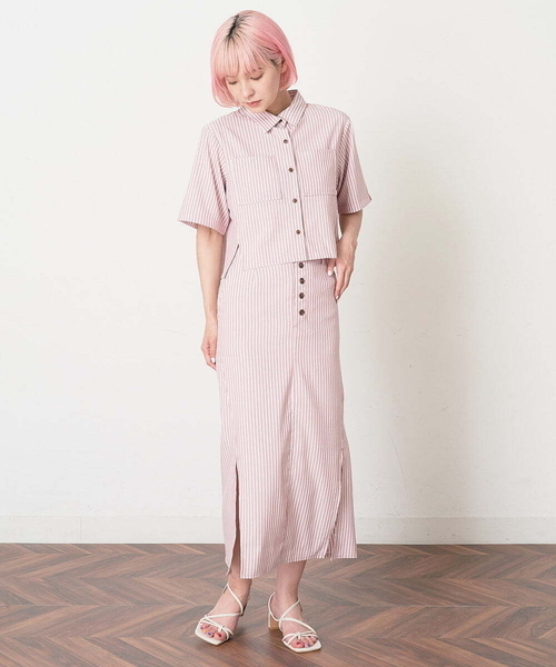 A de a.v.v（アードアー・ヴェ・ヴェ）の「［SET UP対応］ストライプサイドスリットナロースカート（スカート・レディース・ライトグレー/ピンク・38/36）」の4枚目の写真