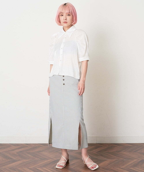 A de a.v.v（アードアー・ヴェ・ヴェ）の「［SET UP対応］ストライプサイドスリットナロースカート（スカート・レディース・ライトグレー/ピンク・38/36）」の6枚目の写真