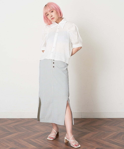 A de a.v.v（アードアー・ヴェ・ヴェ）の「［SET UP対応］ストライプサイドスリットナロースカート（スカート・レディース・ライトグレー/ピンク・38/36）」の8枚目の写真